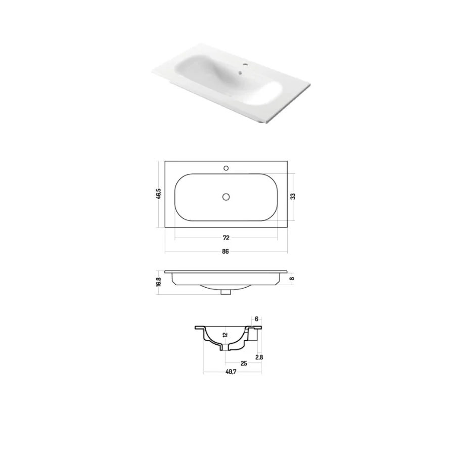 Rectangular built- washbasin glossy white ceramic 86x46cm Donzig Design-Ceramics series