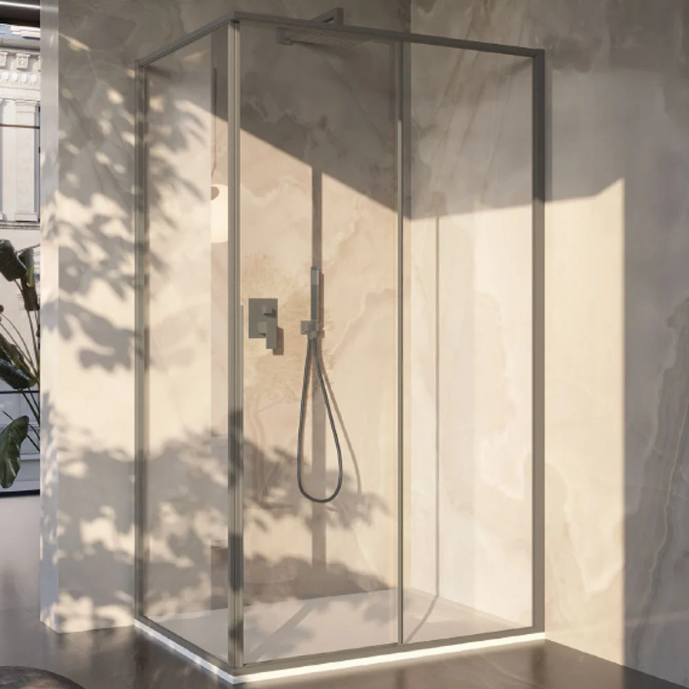 Rectangular shower enclosure 80x110 6 mm crystal and minimal lichtmetaal profile Taupe color. Right version