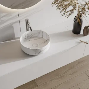 Witte opzetwastafel met marmerlook, L36 x H12 x D36 cm, VIAMARBA