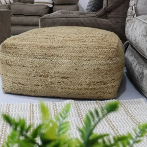 Precisie Poef van gevlochten rotan en katoen, helder naturel REVADRI