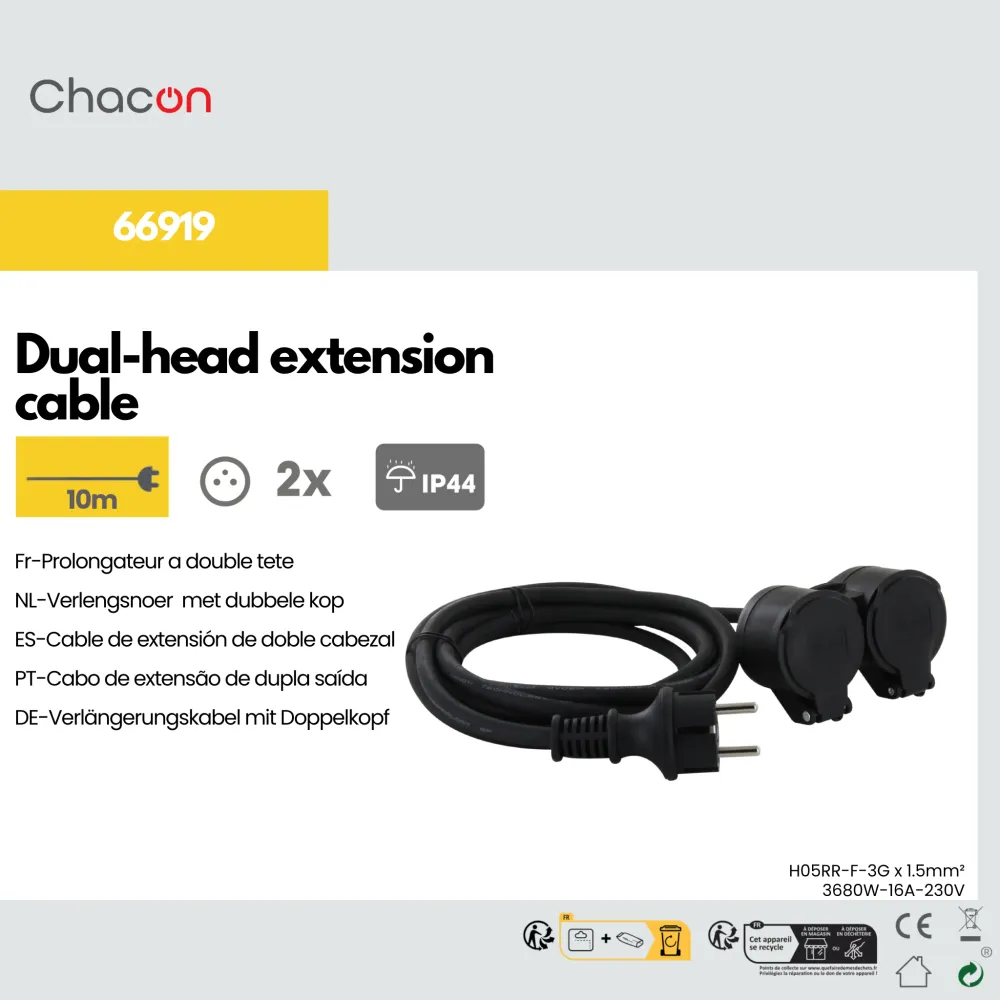 Extension cord HO5RR-F 3 x1,5mm2- IP44 Dual-Head - 10m | Voldoet aan NEN-norm