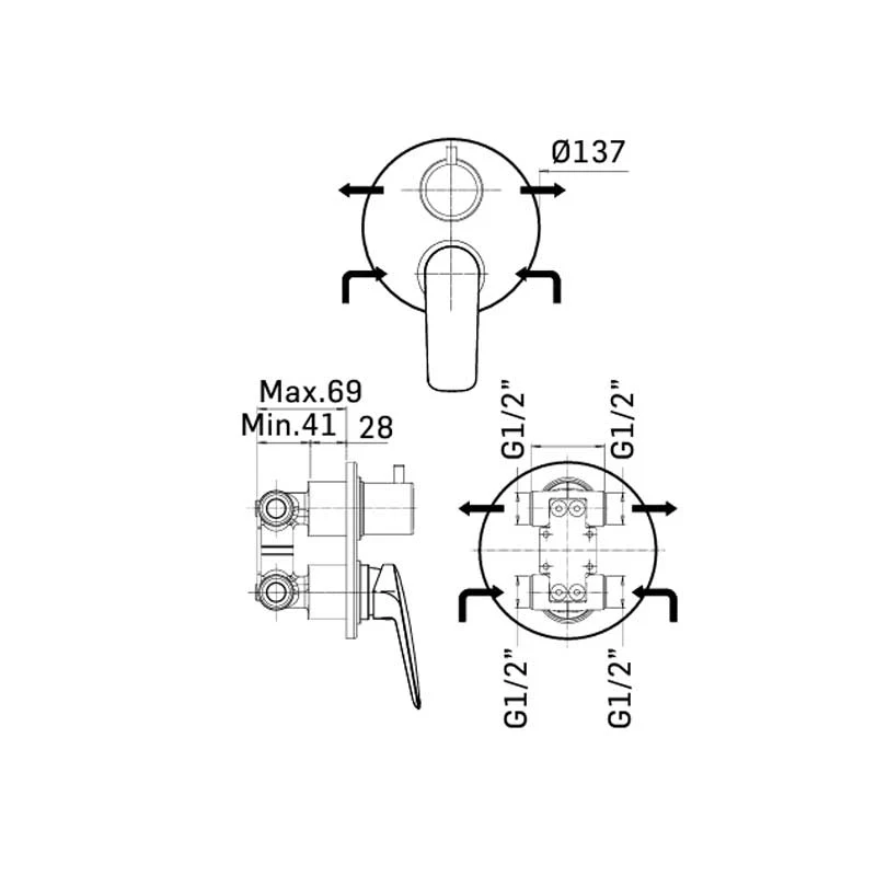 Built- shower mixer diverter, shiny chroom finish, Penelope collection Mamoli Rubinetterie Chroom