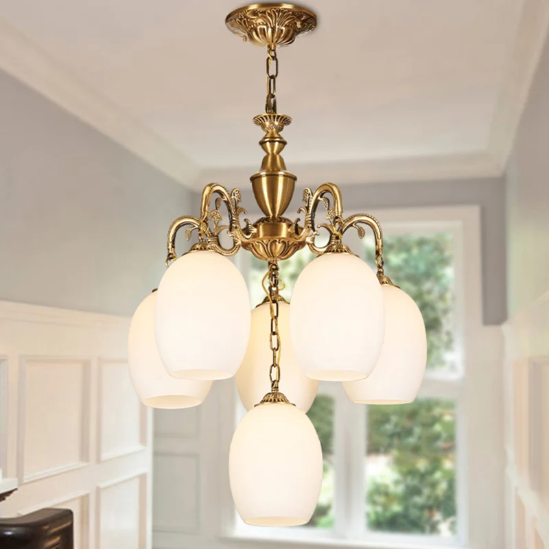 4/6-lamp ovale kroonluchter verlichting oud bronzen afwerking mat wit glas naar beneden verlichting hanger