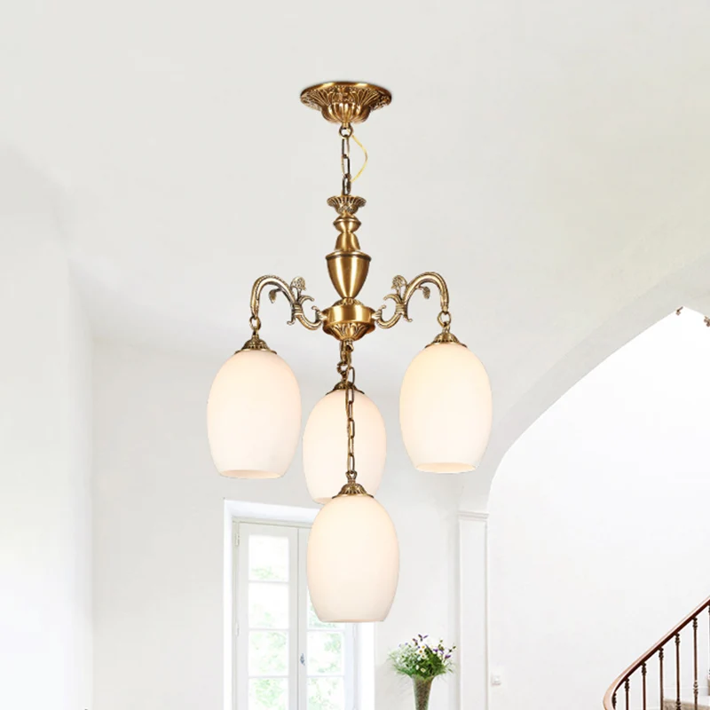 4/6-lamp ovale kroonluchter verlichting oud bronzen afwerking mat wit glas naar beneden verlichting hanger