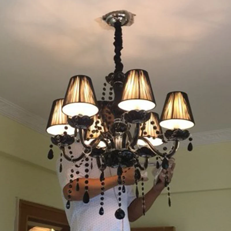 6-lichts kaars kroonluchter retro zwarte kristallen plafond hanglamp voor woonkamer