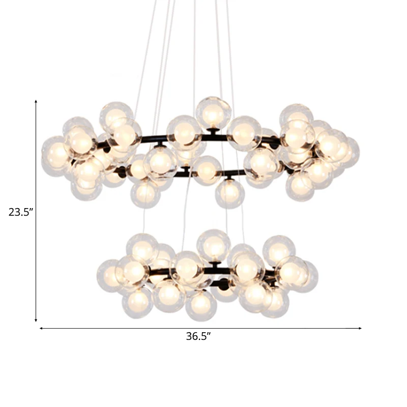 Bubble kroonluchter zwak eigentijds helder glas 2/3 lagen zwarte afwerking hanglamp met metalen ring voor woonkamer - 60cm...