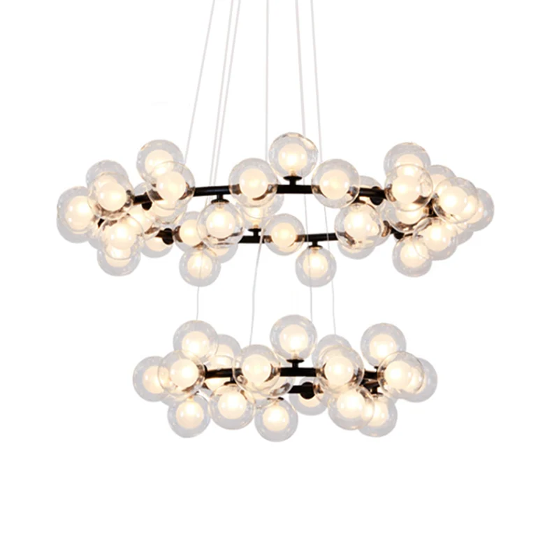 Bubble kroonluchter zwak eigentijds helder glas 2/3 lagen zwarte afwerking hanglamp met metalen ring voor woonkamer - 60cm...