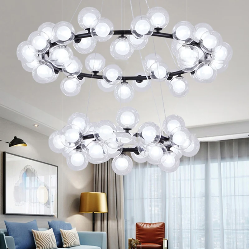 Bubble kroonluchter zwak eigentijds helder glas 2/3 lagen zwarte afwerking hanglamp met metalen ring voor woonkamer - 60cm...