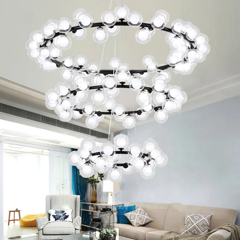 Bubble kroonluchter zwak eigentijds helder glas 2/3 lagen zwarte afwerking hanglamp met metalen ring voor woonkamer - 60cm...