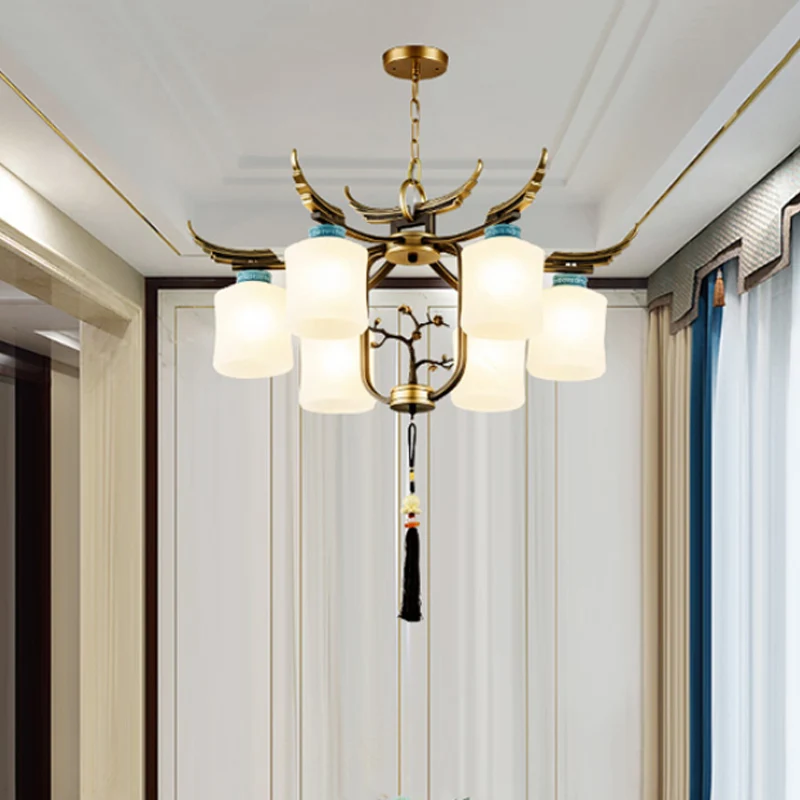 Cilinder Woonkamer Hangende Kroonluchter Traditionele Stijl Metaal 6/8/10 Lichten Messing Plafondlamp met Matglazen Kap Zw...