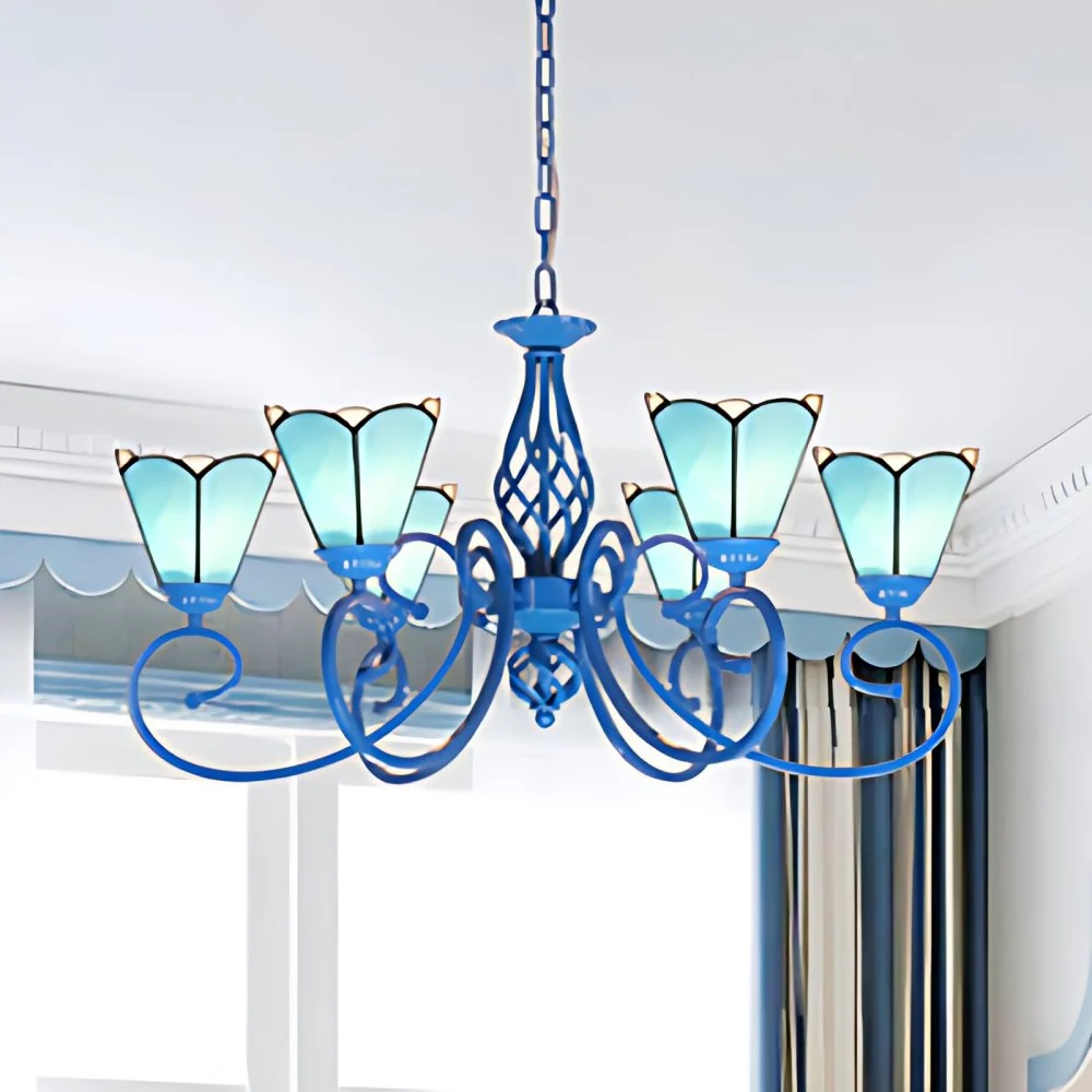 Dimbare Spot Hangende plafondlamp van glas--lood met blauwe gebogen arm Tiffany 6-lichts hangende kroonluchter wit/blauw