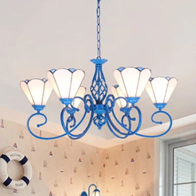 Dimbare Spot Hangende plafondlamp van glas--lood met blauwe gebogen arm Tiffany 6-lichts hangende kroonluchter wit/blauw