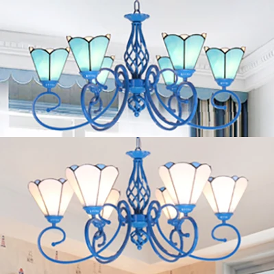 Dimbare Spot Hangende plafondlamp van glas--lood met blauwe gebogen arm Tiffany 6-lichts hangende kroonluchter wit/blauw