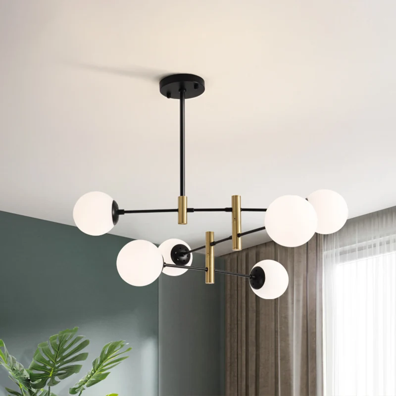 Draaibare plafondkroonluchter met staafarm, Scandinavische metalen woonkamerhanglamp met bolglazen kap voor Woonkamer