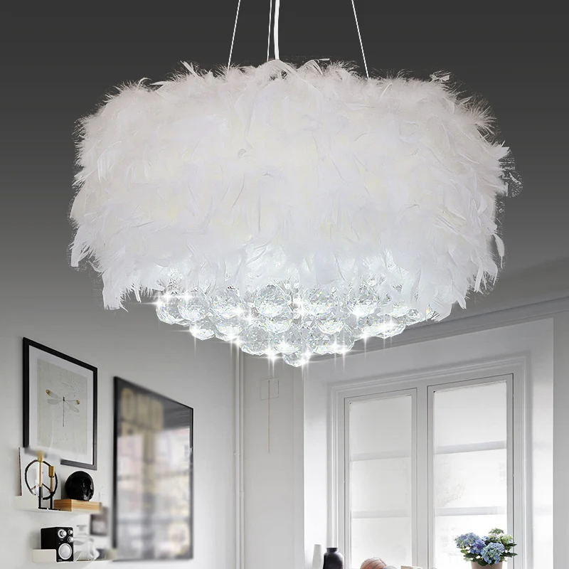 Drum slaapkamer plafond hanger veer 3/9/11-lamp minimalistische kroonluchter zwak wit met kristallen bol, 16"/18"/23,5" W