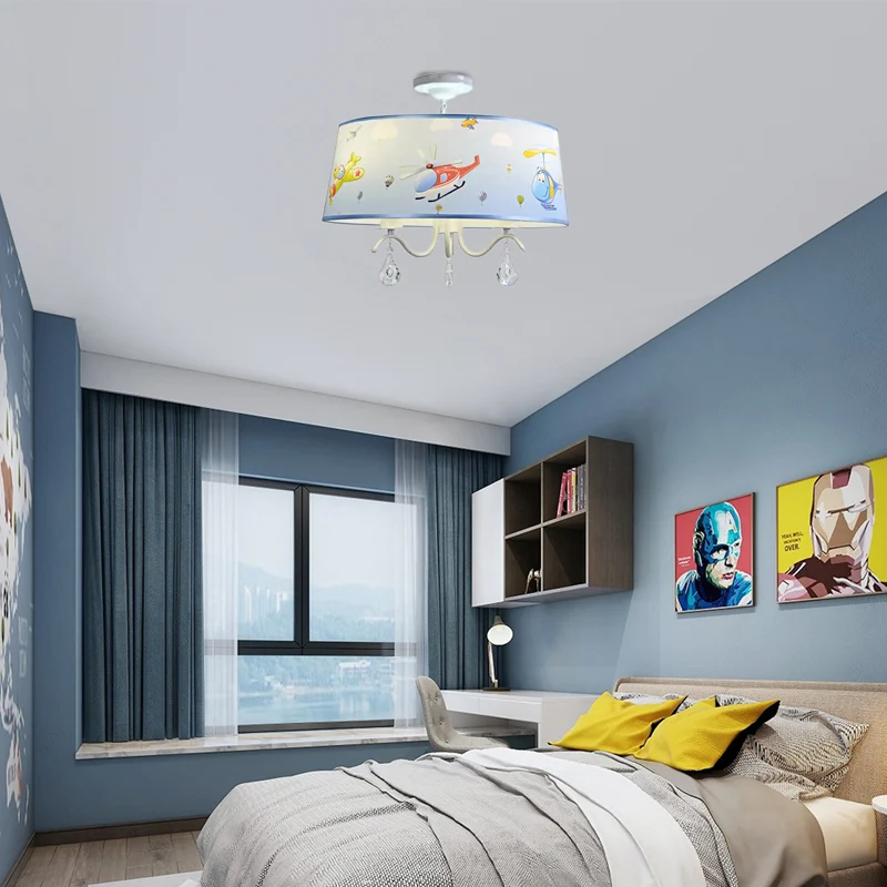 Energiezuinige Cartoon blauwe hanglamp met kristallen vliegtuig kroonluchter van metaal en stof voor babykamer