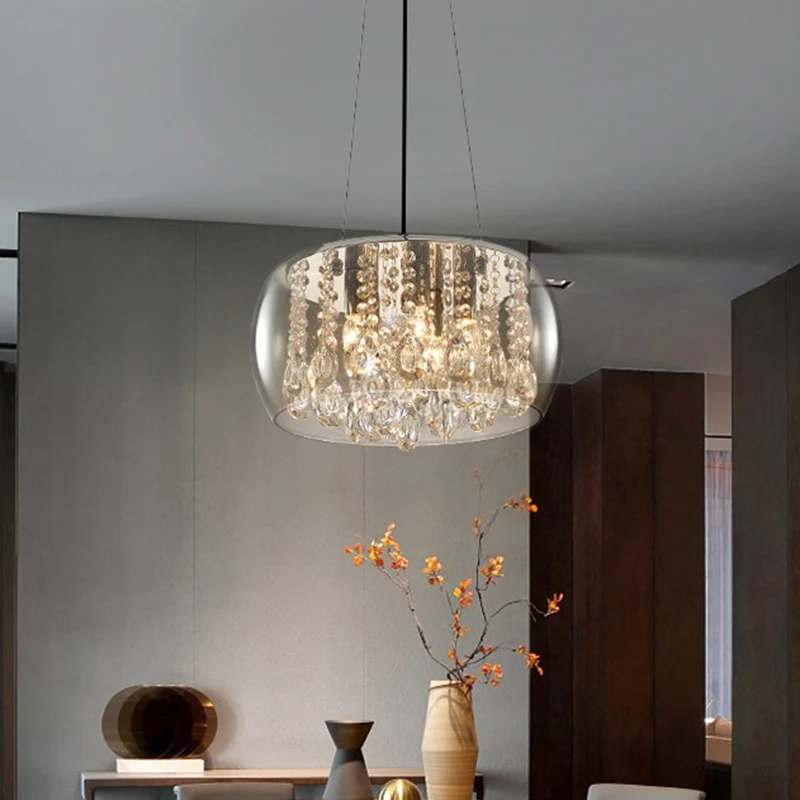 Energiezuinige Drum Eetkamer Kroonluchter Verlichting Eenvoudige Stijl Kristallen Druppel 3 Hoofden Hanglamp met Amber/Hel...