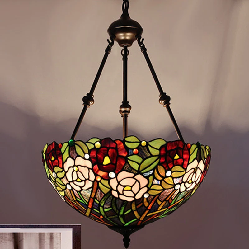 Energiezuinige Kom-plafondkroonluchter Mediterraan glas lood 2 lampen Rood/geel/groen hangende hanglamp