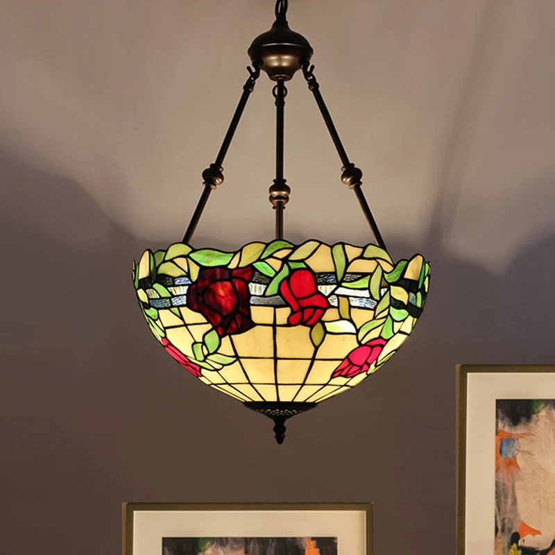 Energiezuinige Kom-plafondkroonluchter Mediterraan glas lood 2 lampen Rood/geel/groen hangende hanglamp