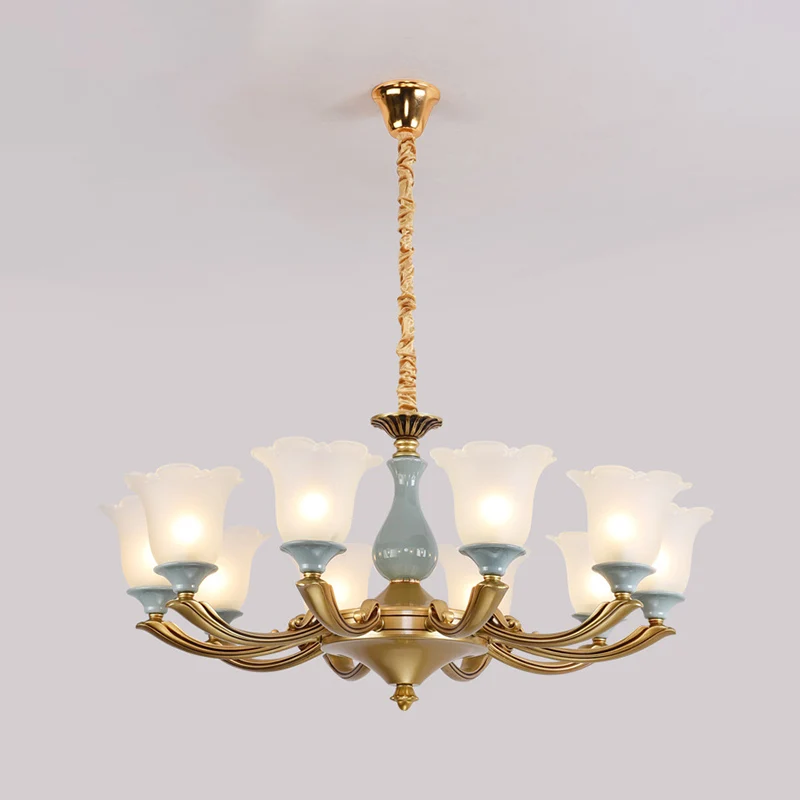 Frosted Glass Zeeblauw Kroonluchter Verlichting Uitlopende klassieke hanglamp met gegolfde rand voor woonkamer