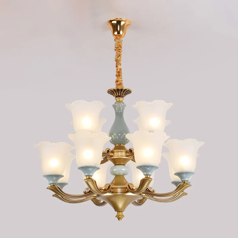 Frosted Glass Zeeblauw Kroonluchter Verlichting Uitlopende klassieke hanglamp met gegolfde rand voor woonkamer