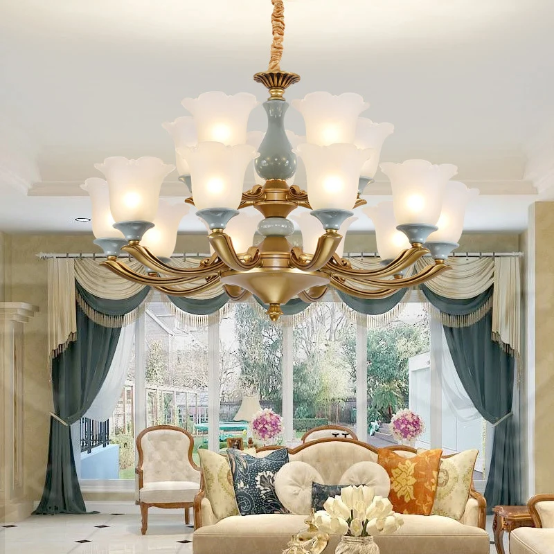 Frosted Glass Zeeblauw Kroonluchter Verlichting Uitlopende klassieke hanglamp met gegolfde rand voor woonkamer