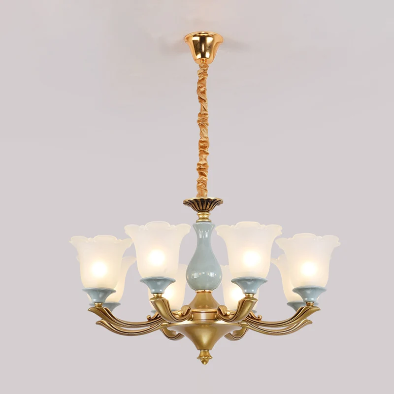 Frosted Glass Zeeblauw Kroonluchter Verlichting Uitlopende klassieke hanglamp met gegolfde rand voor woonkamer