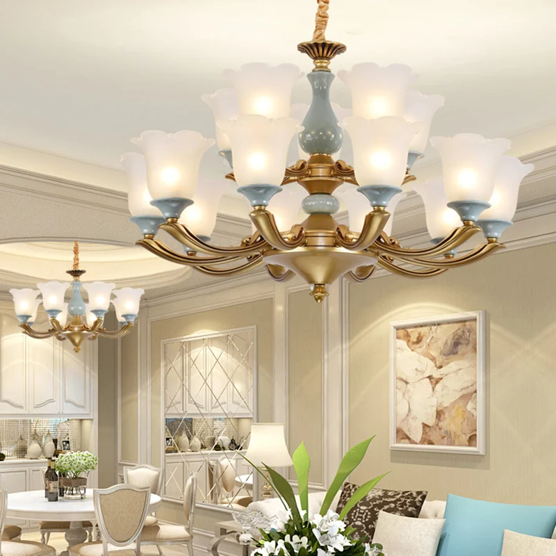 Frosted Glass Zeeblauw Kroonluchter Verlichting Uitlopende klassieke hanglamp met gegolfde rand voor woonkamer