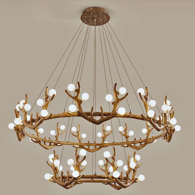 Gewei woonkamer plafondverlichting vintage hars bruine LED kroonluchter zacht met bal Frost glazen kap (IP44)