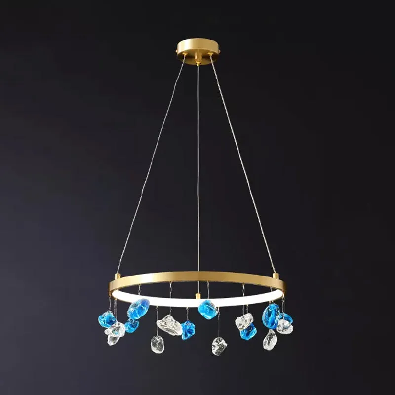 Halverwege de eeuw cirkel LED-kroonluchter metalen lounge hanglamp goud met gekleurde edelsteendruppel, 16"/19,5" wijd