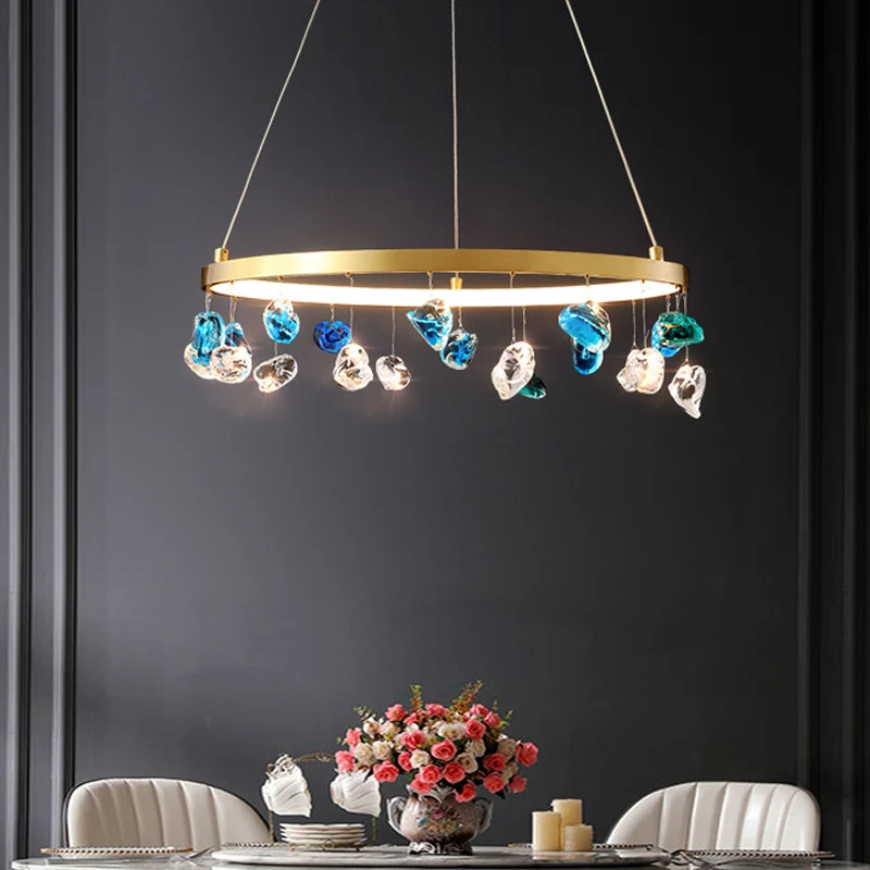 Halverwege de eeuw cirkel LED-kroonluchter metalen lounge hanglamp goud met gekleurde edelsteendruppel, 16"/19,5" wijd