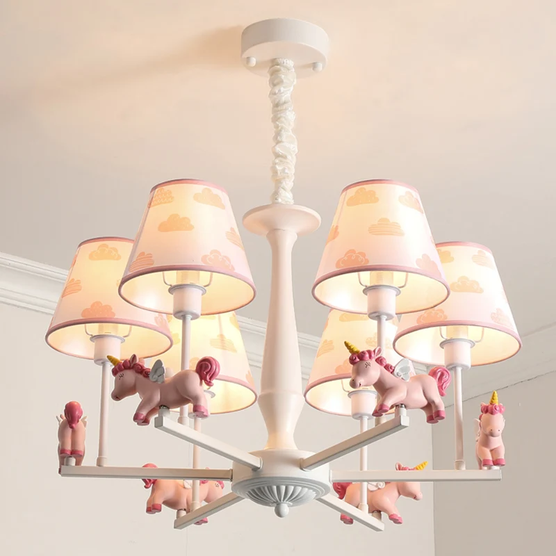 Hangende Pendant Roze Empire Shade kroonluchter lichte kinderstof hangende plafondlamp met eenhoorndecor