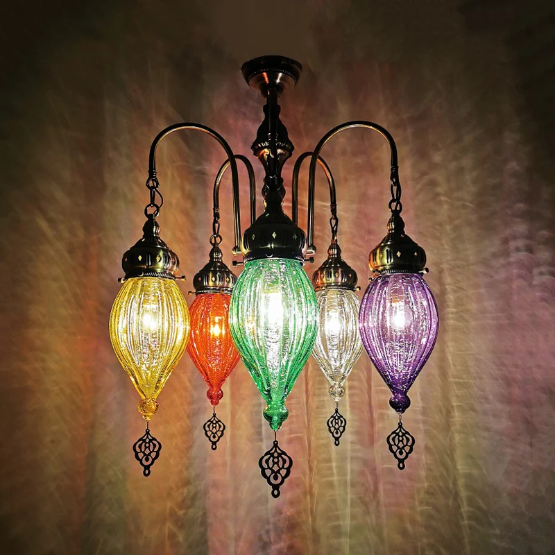 5 Heads Kalebas Kroonluchter Helder Traditioneel Rood/Geel/Groen Geribbeld Glas Hanglamp Kit