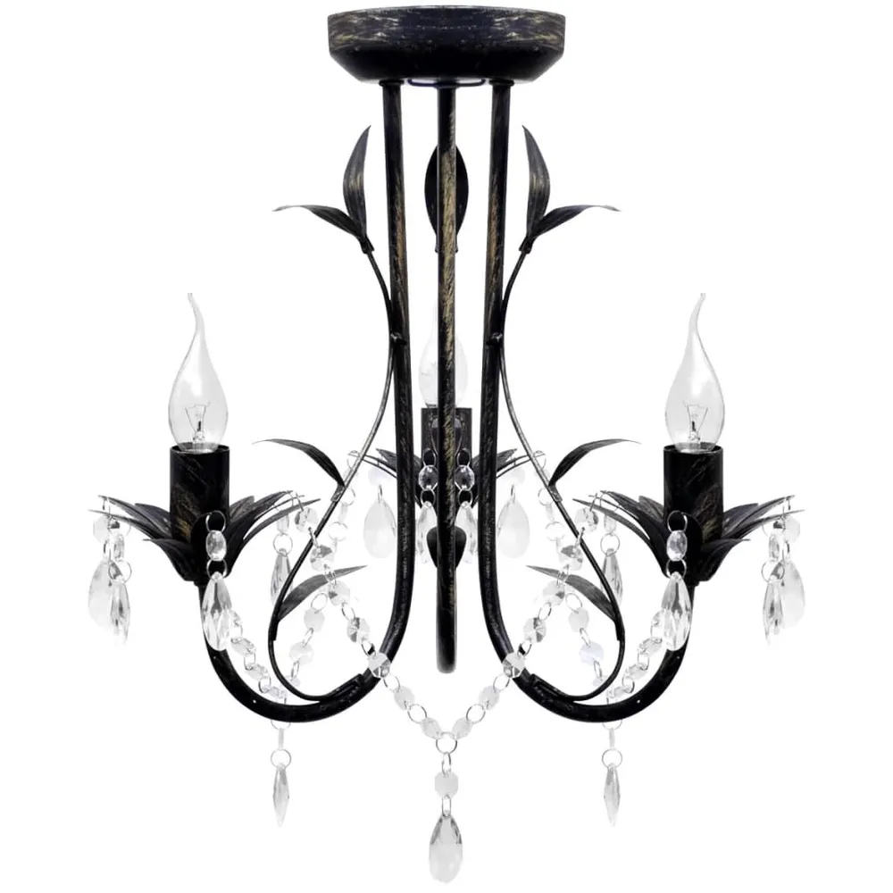 Kroonluchter art nouveau metaal kristallen kralen 3 gloeilampen zwart