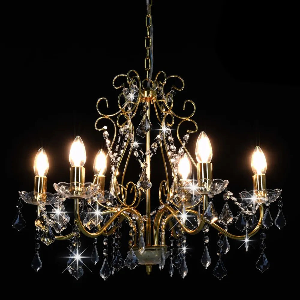 Kroonluchter met kristallen kralen rond 6xE14 goudkleurig met 3 Lichtpunten