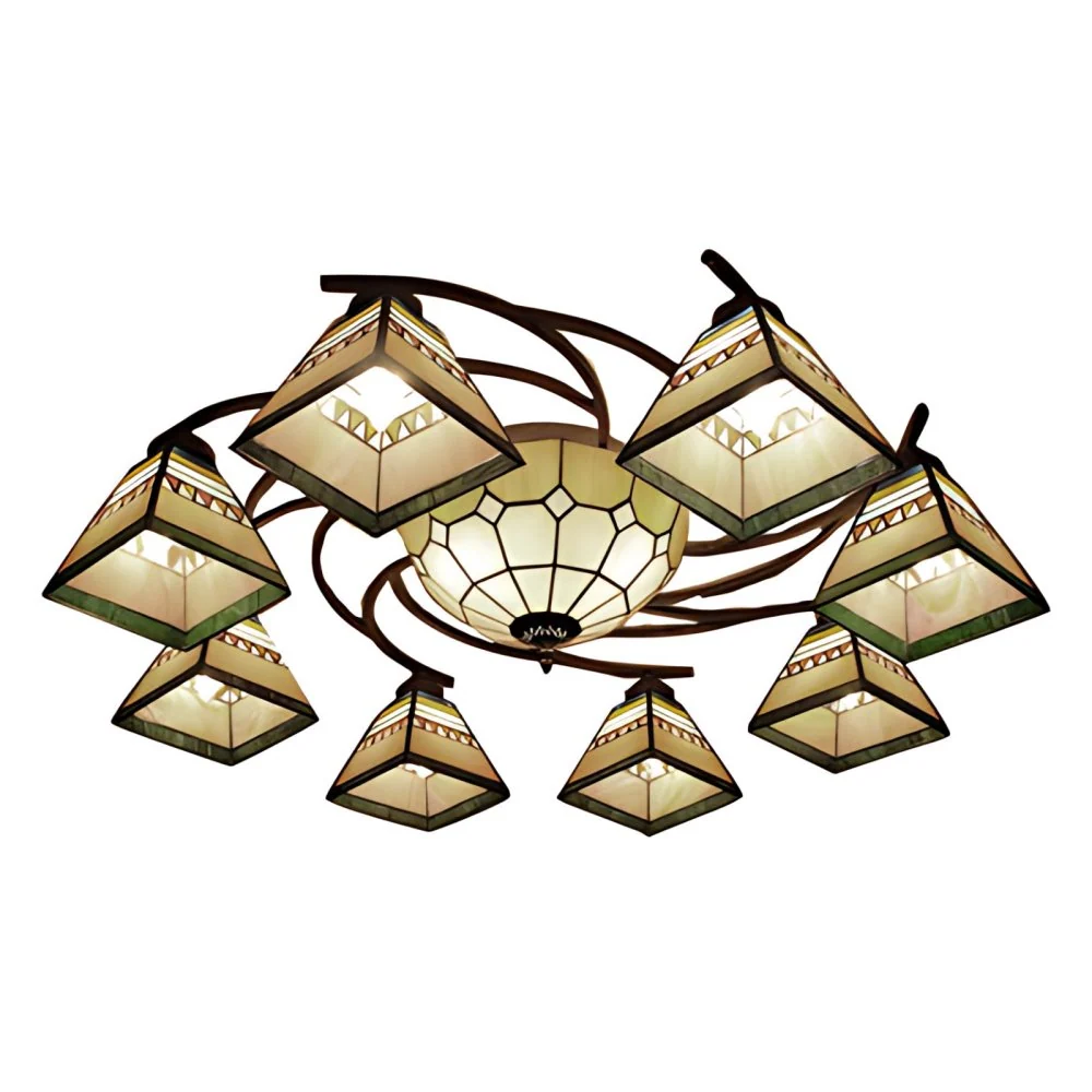 Lichtbruin piramide-plafondkroonluchter Tiffany-stijl glas--lood hangend plafondarmatuur voor woonkamer (IP44)