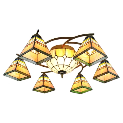 Lichtbruin piramide-plafondkroonluchter Tiffany-stijl glas--lood hangend plafondarmatuur voor woonkamer (IP44)