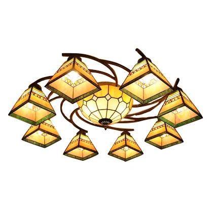 Lichtbruin piramide-plafondkroonluchter Tiffany-stijl glas--lood hangend plafondarmatuur voor woonkamer (IP44)