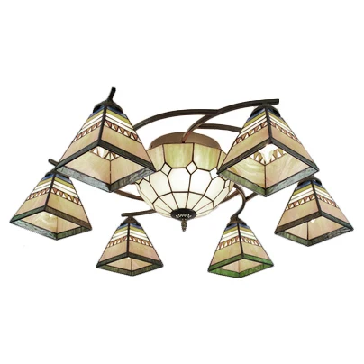 Lichtbruin piramide-plafondkroonluchter Tiffany-stijl glas--lood hangend plafondarmatuur voor woonkamer (IP44)