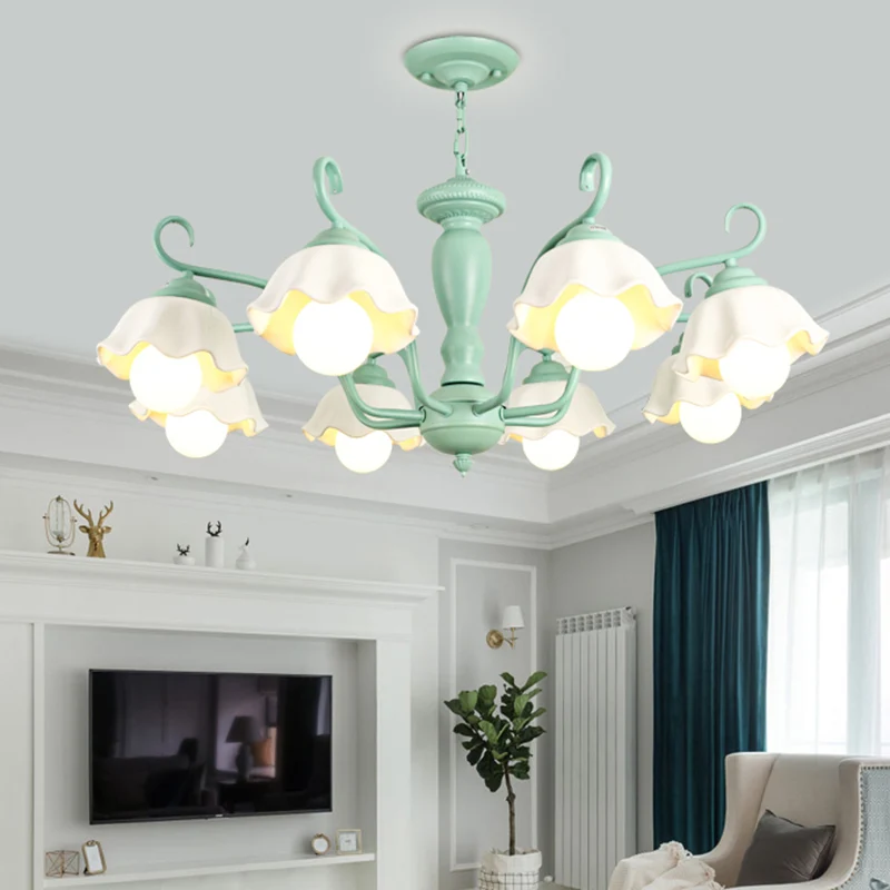 Matglas geschulpte kroonluchter licht ambachtelijk 3/6/8 lampen slaapkamer plafond hanger wit/roze/groen met afstandsbedie...
