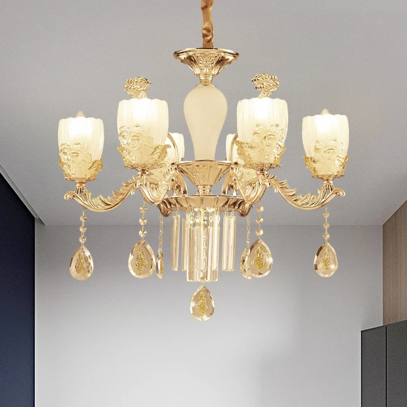 Melkachtig Glass Floral Kroonluchter Mid Century 6/8 Heads Slaapkamer Suspension Lamp goud met kristallen drapering (IP44)