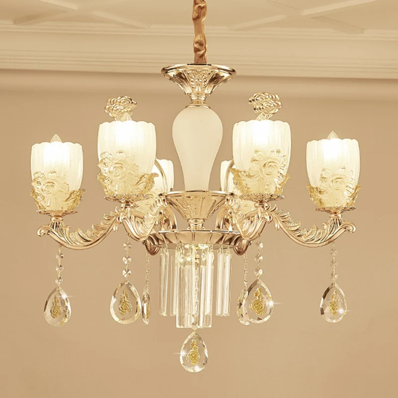Melkachtig Glass Floral Kroonluchter Mid Century 6/8 Heads Slaapkamer Suspension Lamp goud met kristallen drapering (IP44)