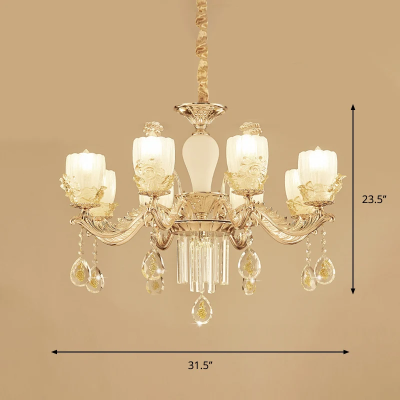 Melkachtig Glass Floral Kroonluchter Mid Century 6/8 Heads Slaapkamer Suspension Lamp goud met kristallen drapering (IP44)