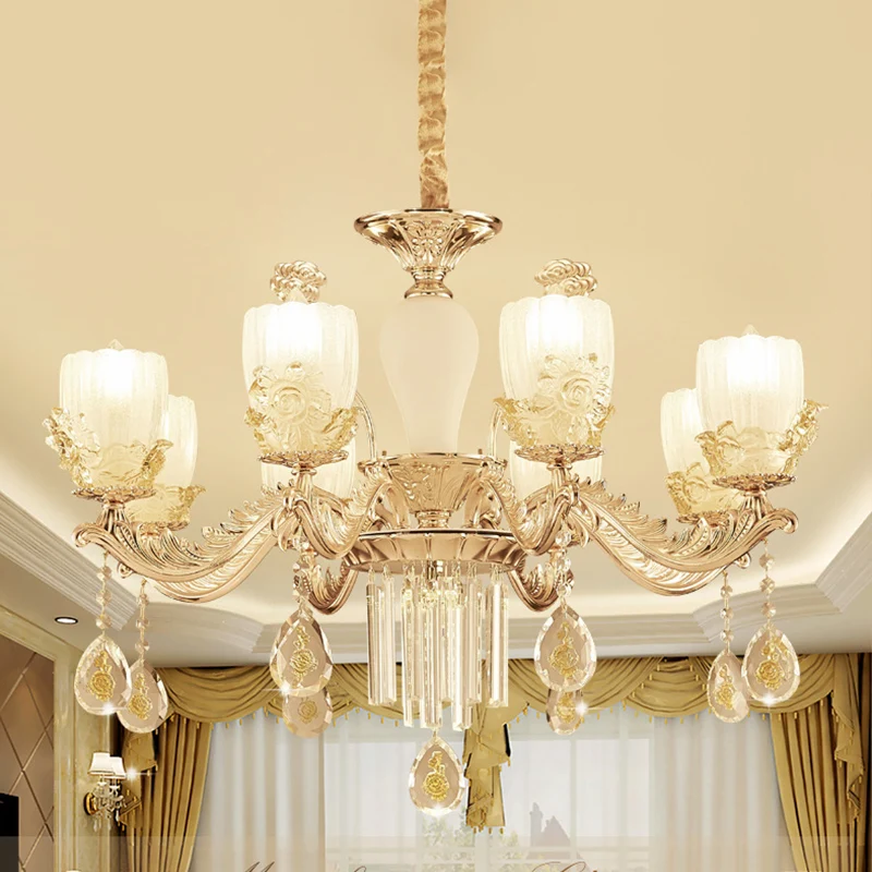 Melkachtig Glass Floral Kroonluchter Mid Century 6/8 Heads Slaapkamer Suspension Lamp goud met kristallen drapering (IP44)