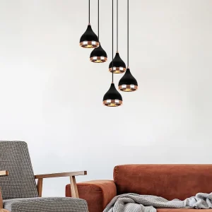 Metalen plafondlamp met regelbare hoogte zwart en koperkleurig - 5 lampenkappen - D43 x H45/135 cm - YILDO. met 3 Lichtpunten