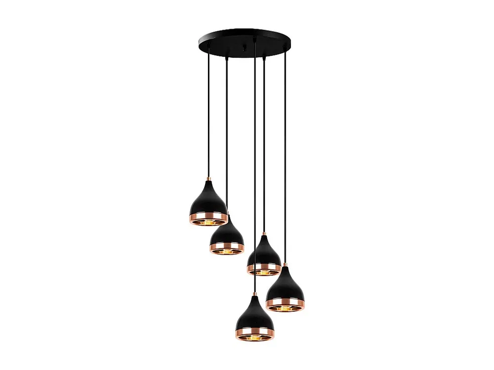 Metalen plafondlamp met regelbare hoogte zwart en koperkleurig - 5 lampenkappen - D43 x H45/135 cm - YILDO. met 3 Lichtpunten