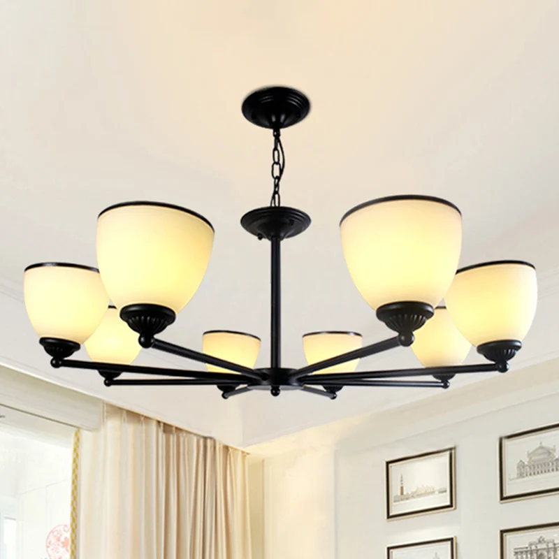 Metallic radiaal semi-inbouwlicht klassiek slaapkamer plafondgemonteerde kroonluchter met klokcrème glazen kap zwart