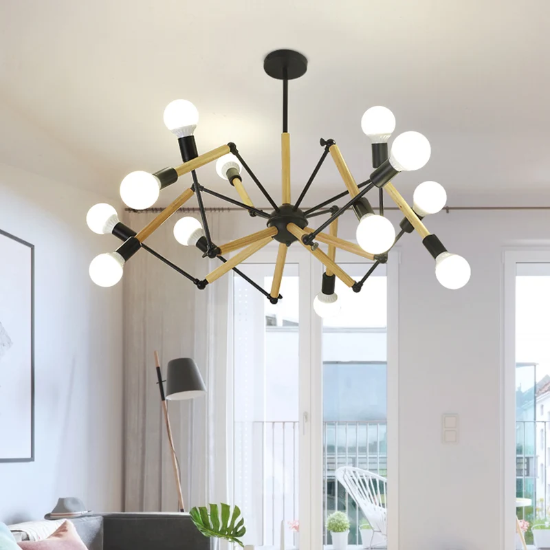 Minimalistisch Design Zwart en hout Spider kroonluchter Loft-stijl metalen woonkamer plafond hanglamp