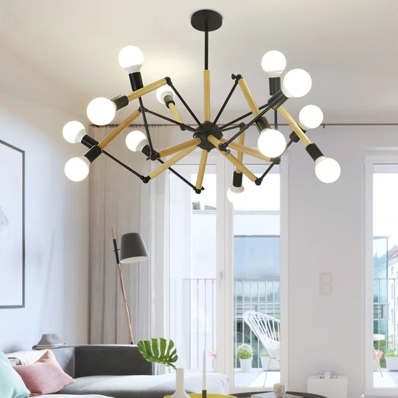 Minimalistisch Design Zwart en hout Spider kroonluchter Loft-stijl metalen woonkamer plafond hanglamp