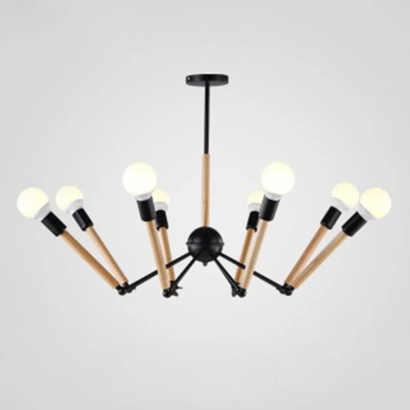 Minimalistisch Design Zwart en hout Spider kroonluchter Loft-stijl metalen woonkamer plafond hanglamp